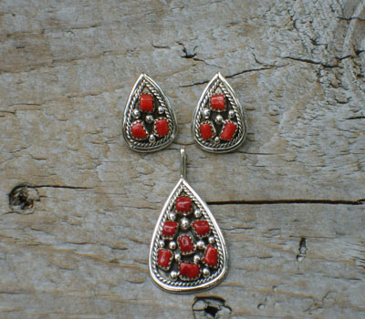 Native American Coral Earring & Pendant Set